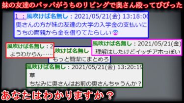 動画で見る⇒【2ch怖い？話】妹の友達のパッパがうちのリビングで奥さん殴ってびびった【ゆっくり】【2ch怖噺】